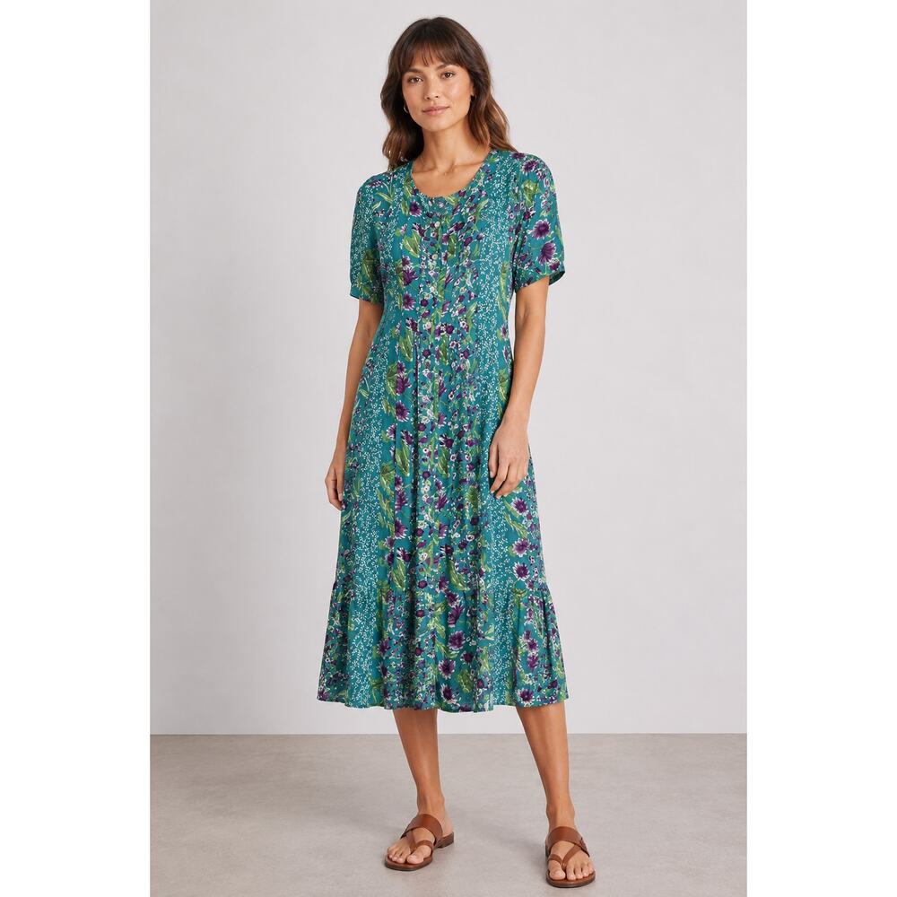 Vermont Country Store S Delightful Garden $80 Button Front Midi Dress RAYON Blue